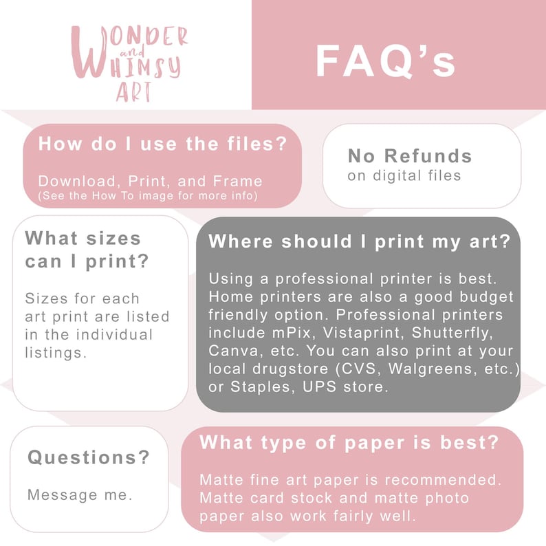 May include: A pink and gray FAQ graphic with text that reads "Wonder and Whimsy Art" and "FAQ's". The graphic provides information about using and printing digital art files. It includes information about file sizes, printing options, and paper types.