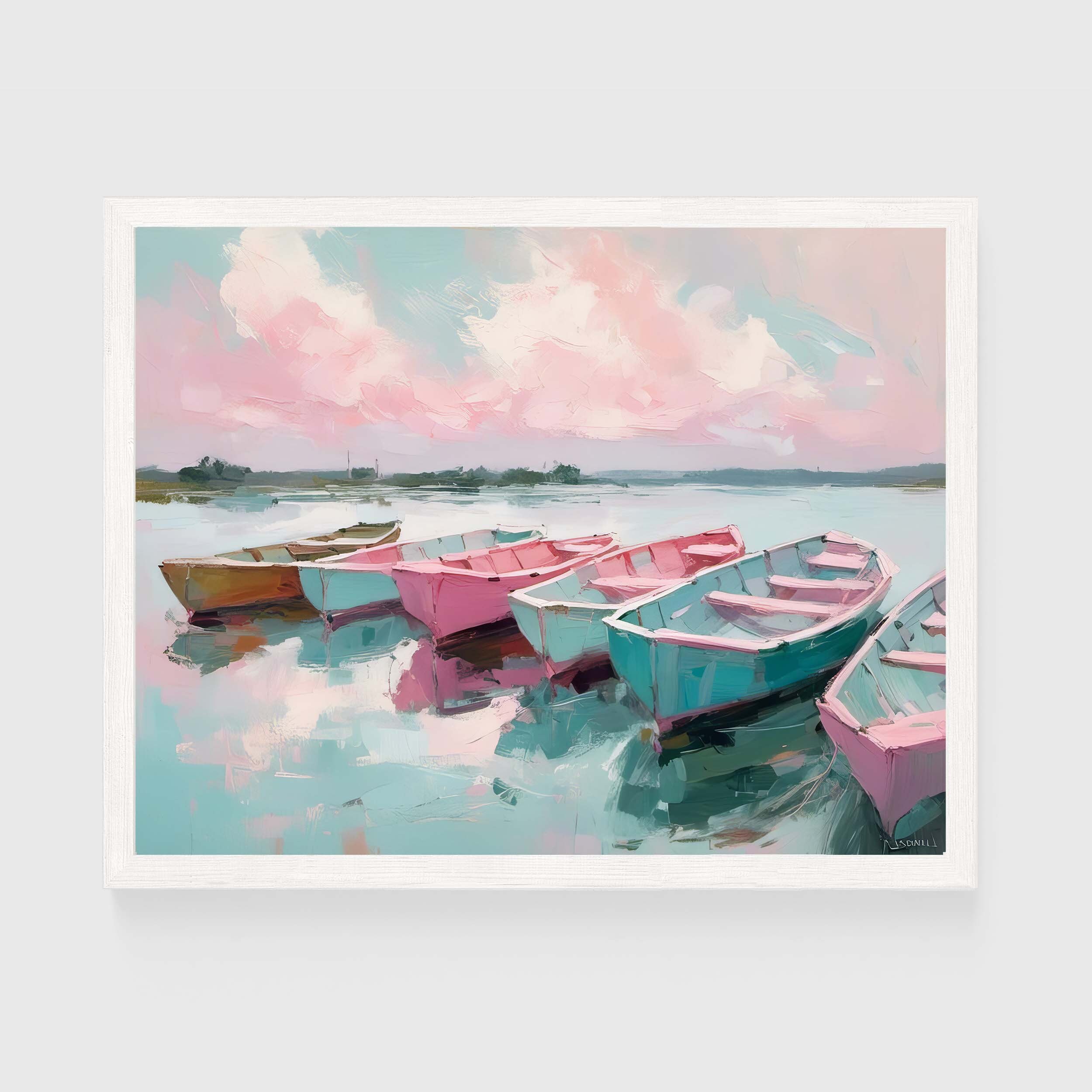 Pink Rowboat Pink Turquoise Rowboats Painting | Pink Clouds Wall Art Print | Vintage ...