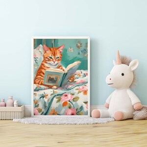 Orange Tabby Cat Book Lover Print, stack of books painting, bookworm printable art, wall art digital print,  cat art for kids room, nursery art