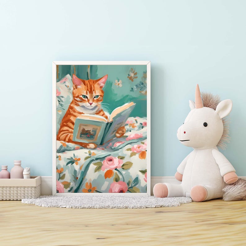 Orange Tabby Cat Book Lover Print, stack of books painting, bookworm printable art, wall art digital print,  cat art for kids room, nursery art