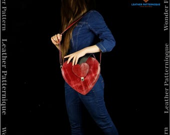 Patrón PDF para bolso de mano de cuero con forma de corazón, bolso DIY con "patrón PDF de cuero" y video instructivo.