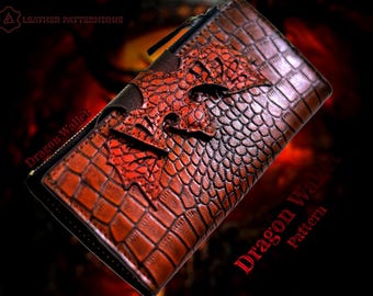 Patrón de billetera para teléfono con diseño de dragón de cuero, patrón PDF de billetera larga de cuero, patrón de fantasía de cuero