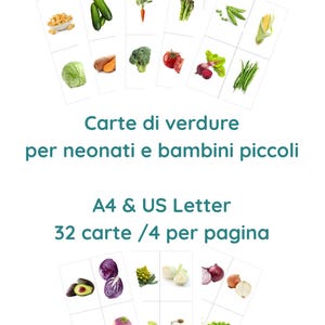 May include: Flash cards featuring various vegetables, including cucumbers, carrots, and broccoli, are displayed on a white background. The text "Carte di verdure per neonati e bambini piccoli" is visible. The cards are A4 & US Letter size, with 32 cards, 4 per page.