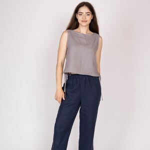 ベルギーリネン製レディースクロップトップ - 女の子向けベーシックノースリーブTシャツ - ビーチトップス - 30色展開