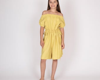 Belgian Linen Girls Playsuit - Off-Shoulder Romper for Teens - Beach Clothing - 30 Colors