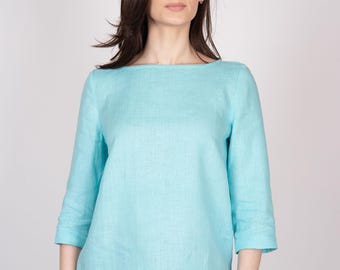 European Linen Women's Shirt - Loose Fit Basic Tops - Wide Boat Neck - 30 Colors