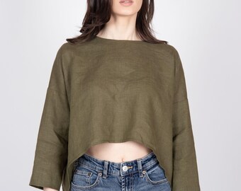 European Linen Women's Front Crop Top - Back Longer than Front - Euro Design - 30 Colors