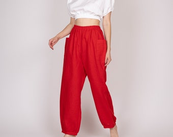 Belgian Linen Women's Tapered Pants - Barrel Trousers - Slouchy Balloon Style - 30 Colors