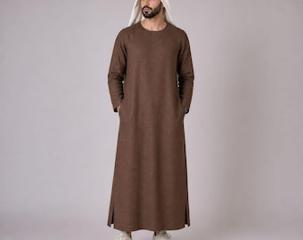 Thobe męskie z lnu belgijskiego – kolor czekoladowy – Resort Kaftan męskie – lniane Jubba – Omani Dishdasha