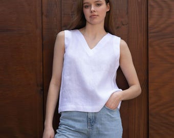 Belgian Linen Women's Top - Sleeveless Basic Tops - V Neck - White Top Girls - 30 Colors