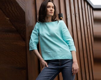 Belgian Linen Women's Shirt - Loose Fit Basic Top - Wide Round Neck - 30 Colors