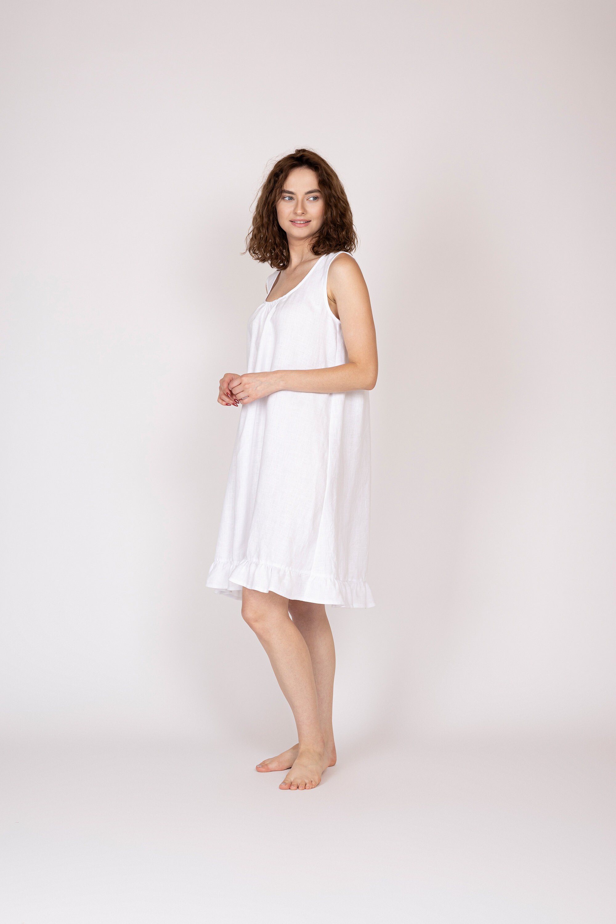Belgian Linen Shift Dress - Comfortable Flax Dresses - White Basic Midi Dress - 30 Colors