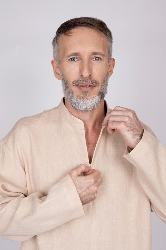 Belgian Linen Men's Zippered Top - Long Sleeve Shirt - Neck Zipper - Exclusive Design - 30 Colors