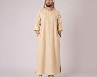 Belgian Linen Men's Thobe - Sand Color - Classic Kaftan - Desert Menswear - Luxury Kurtas for Men