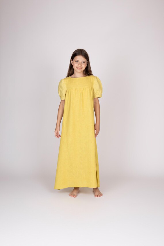 Belgian Linen Girls Maxi Dress - Full Size Ankle Length - Elastic Sleeves - 30 Colors Belgian Linen Girls Maxi Dress - Full Size Ankle Length - Elastic Sleeves - 30 Colors