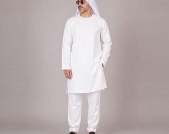 Thobe da uomo in lino belga bianco - Moda mediorientale - Thobe sauditi - Jubba corta - 30 colori