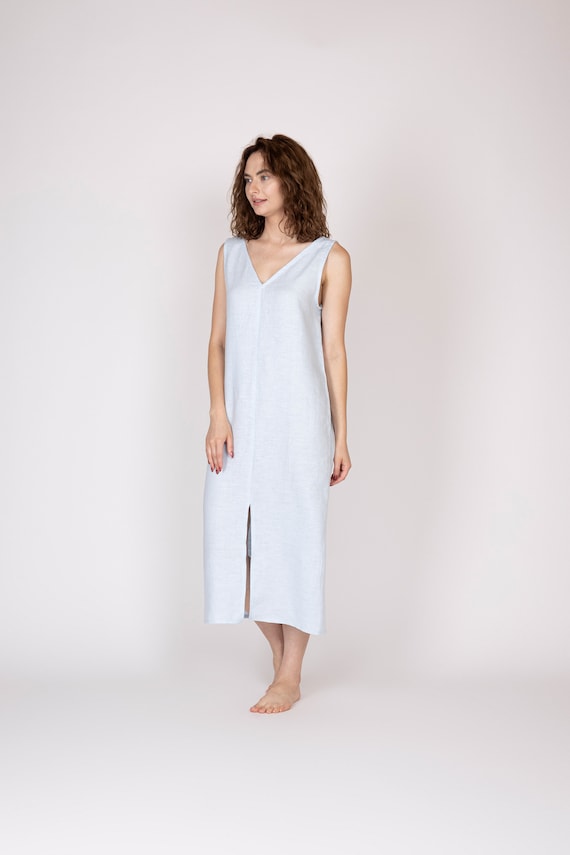 chinese dress ladies Pastel Grey Embroidered Belgium Linen Gown 4XL / Belgium Linen / Made to Order in 30-40 Days