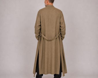 Abrigo largo de lino belga para hombre - Chaqueta larga de lino para hombre - Bata abierta - 30 colores