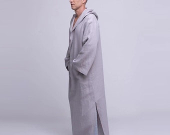 Belgian Linen Men's Kaftan - Hooded Islamic Thobe - Flax Caftans for Man - 30 Colors