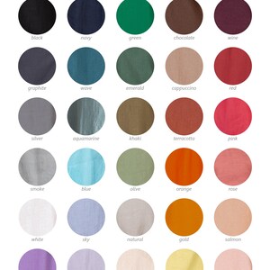 May include: A color chart displaying a variety of linen colors. The chart includes shades like black, navy, green, chocolate, wine, graphite, wave, emerald, cappuccino, red, silver, aquamarine, khaki, terracotta, pink, smoke, blue, olive, orange, rose, white, sky, natural, gold, salmon, violet, lavender, sand, lemon, and pastel.