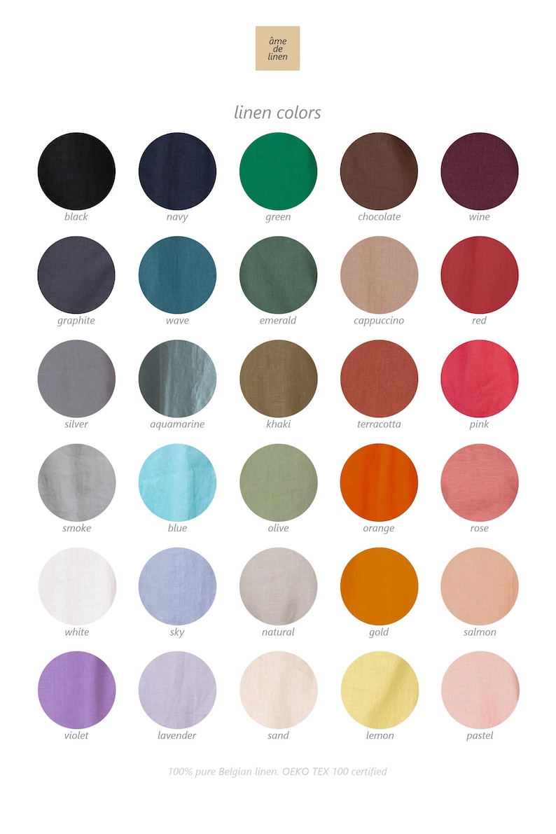 May include: A color chart displaying a variety of linen colors. The chart includes shades like black, navy, green, chocolate, wine, graphite, wave, emerald, cappuccino, red, silver, aquamarine, khaki, terracotta, pink, smoke, blue, olive, orange, rose, white, sky, natural, gold, salmon, violet, lavender, sand, lemon, and pastel.