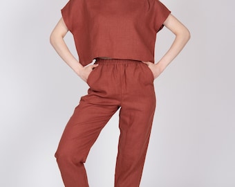 Relaxed set Europese linnen dames - bijpassende aansluitende top en broek - luxe cadeau - 30 kleuren