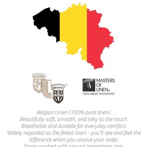 May include: Image showcasing a map of Belgium in the colors of its flag, with text indicating "100% Belgian linen." Logos and text describe the linen's qualities: soft, smooth, breathable, durable, and OEKO TEX 100 certified.