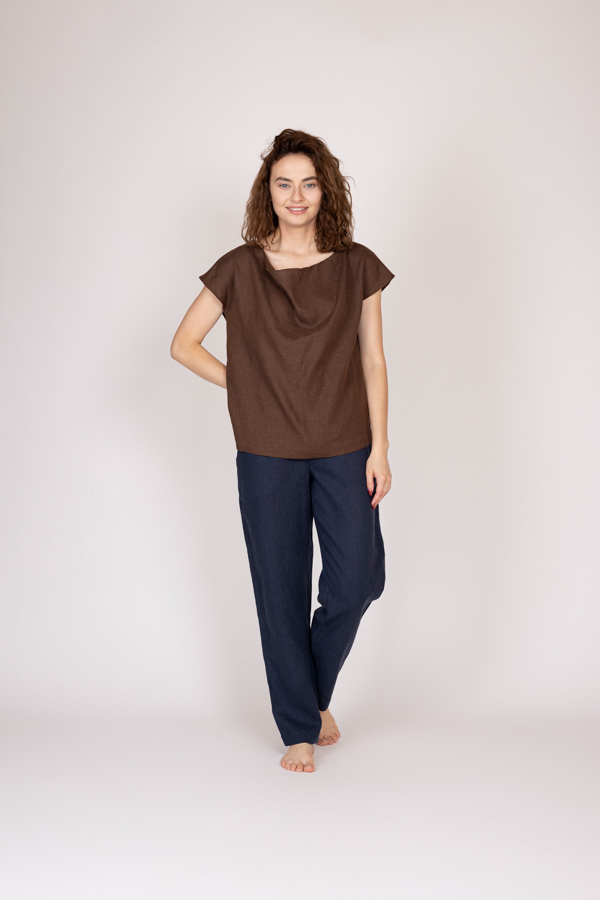 Belgian Linen Top: Loose Neck Blouse, 30 Colors