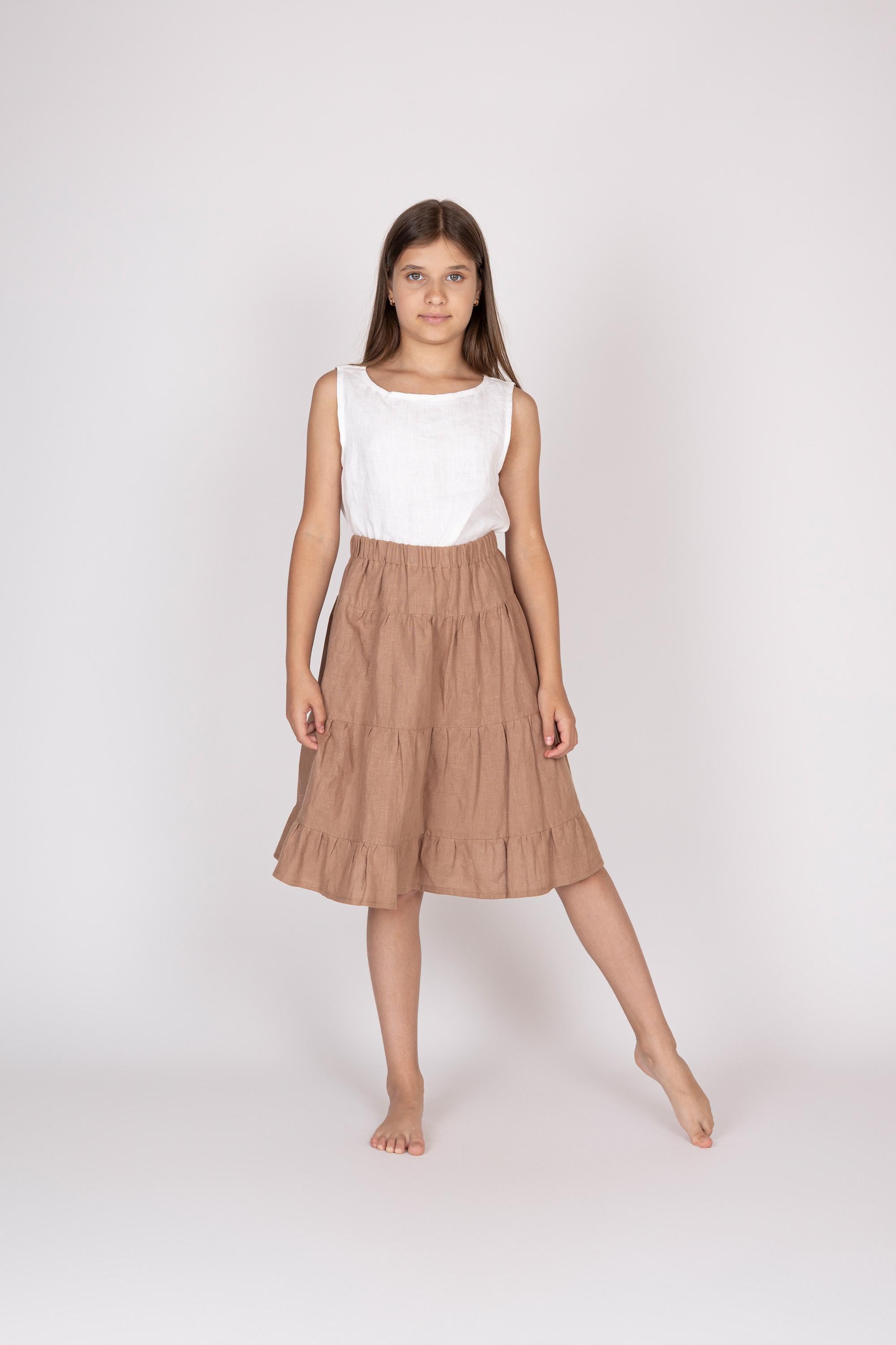 Belgian Linen Girls Skirt - Tiered Midi Skirt for Teens - Lambada Clothing - 30 Colors