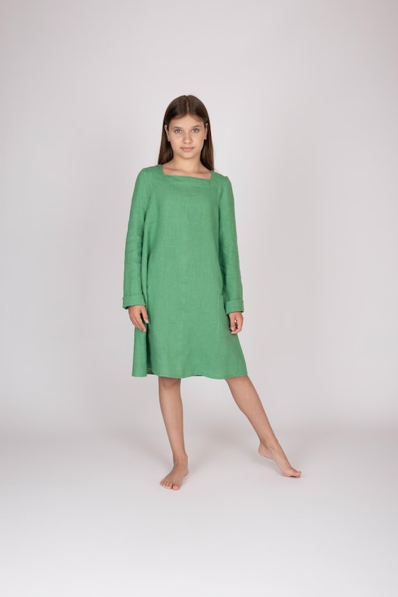 Belgian Linen Girls Dress - Green Summer Flax Dress - Exclusive European  Style - 30 Colors - Etsy
