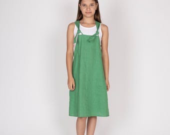 Belgian Linen Kids Pinafore Dress - Green Aprons for Teens - Apron Style Dresses - 30 Colors