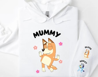 Bluey Mum Chilli Hoodie Personalise with Kids Names on Sleeves Bluey Bingo