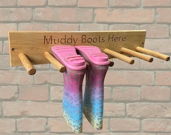 Welly Boot Rack – Wall Mounted Wooden Boot Storage - Engraved Names
