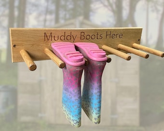 Personalised Oak Welly Boot Rack – Engraved Wooden Boot Storage