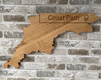 South West Coast Path Wall Art. Solid Oak Map of Cornwall, Devon, Somerset and Dorset with the SW Coast Path Acorn