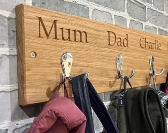 Oak Coat Rack - Personalised family names coat hooks. Custom text, size and font.