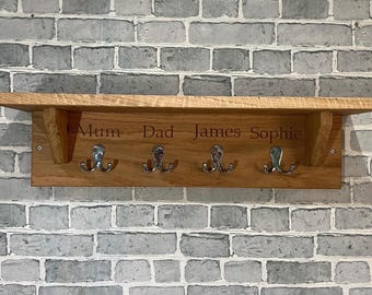 Oak Coat Hooks with Shelf - Personalised named coat rack. Wooden coat rack with shelving - choice of hooks, text, size and font.