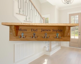 Oak Shelf with hooks - personalised with names. Wooden coat rack with shelf and hooks.