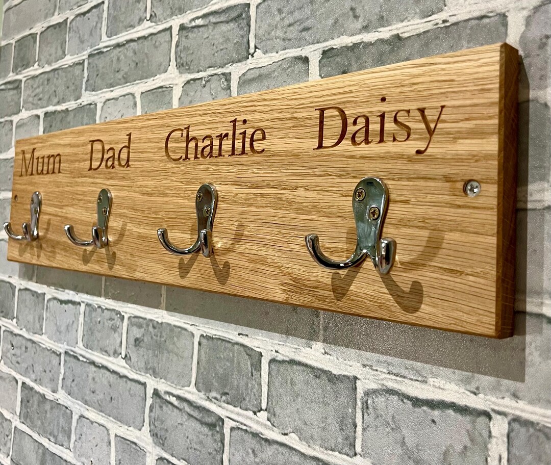 Oak Coat Hooks - Personalised With Family Names. Wooden Coat Rack for ...