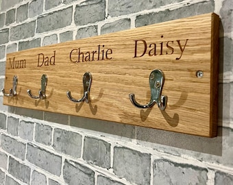 Oak Coat Hooks - Personalised with family names. Wooden coat rack for the wall with choice of hooks, customisable text, size and font.