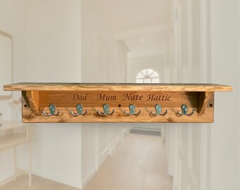 Oak coat hooks with shelf - personalised entryway organiser