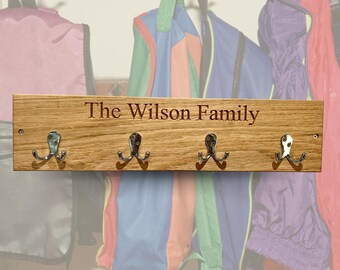 Personalised Oak Coat Hooks - Engraved Family Name. Wooden wall mounted coat rack  with choice of hooks.