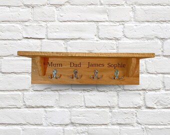Personalised Oak Coat Rack with Shelf – Wooden Entryway Organiser with chrome hooks