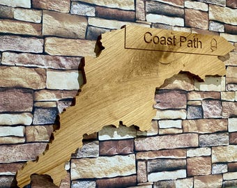 South West Coast Path Wooden Oak Wall Art. Map of Cornwall, Devon, Somerset and Dorset. Handmade from sustainable wood in Cornwall.