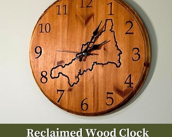 Large Wall Clock Handcrafted from Reclaimed Wood and featuring a map of Cornwall. Silent movement and engraved clock face.