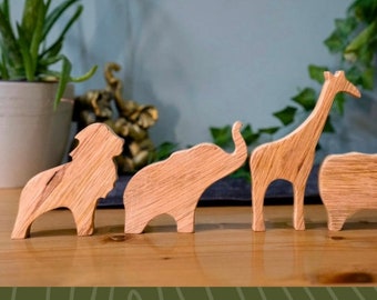 Safari Animals for Nursery and Children’s Bedrooms. Handcrafted Oak Safari Nursery Decor featuring Giraffe, Elephant, Hippo Zebra and Lion