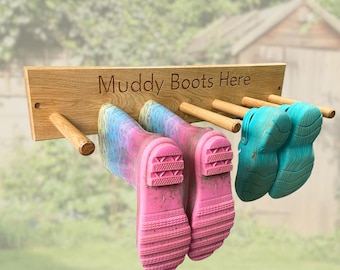 Garden Shoe Rack – Wall Mounted Oak Boot Storage - Personalised with Names