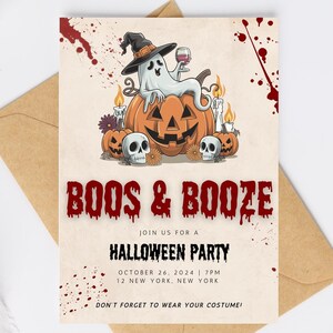 Editable Halloween Party Invitation | Boos & Booze Theme | Canva Template | Customizable | Instant Digital Download | Halloween Invite