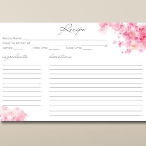 PRINTABLE 4 x 6 Recipe Card, Pink Floral Design, Kitchen recipe card, Kitchen Organization, Pink Floral Template, Recipe Box DIY Recipe Card