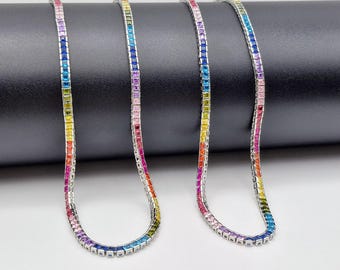 Handmade Rainbow Tennis Necklace: Multicolor Sterling Silver Jewelry